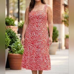 NWT Michael Kors Geranium Zebra Print Midi Dress XL Red White Animal Square Neck